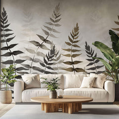 Tapet Personalizat Leaf cu frunze in nuante de bej si gri in stil watercolor - NOVEMBER LEAVES