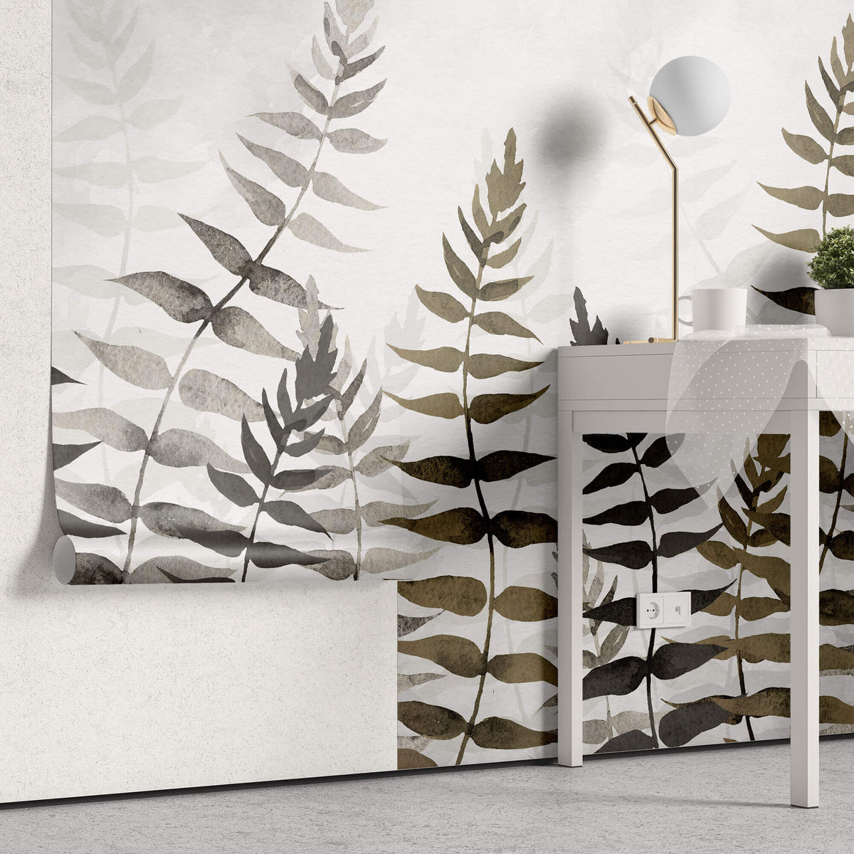 Tapet Personalizat Leaf cu frunze in nuante de bej si gri in stil watercolor - NOVEMBER LEAVES