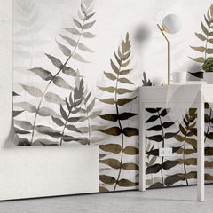 Tapet Personalizat Leaf cu frunze in nuante de bej si gri in stil watercolor - NOVEMBER LEAVES