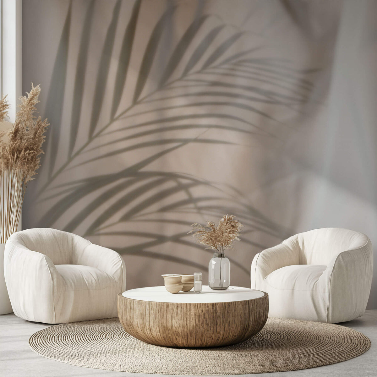 Tapet Personalizat Leaf cu frunza de palmier difuza in fundal rozaliu - SOFT VEIL LEAF I