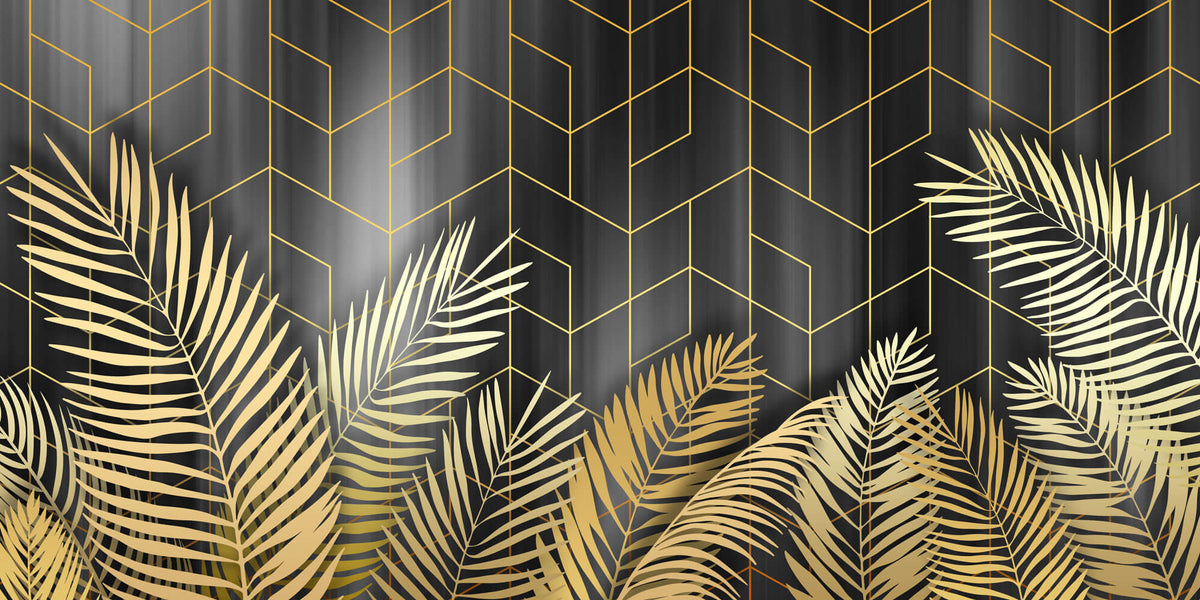 Tapet Personalizat Leaf cu frunze de palmier aurii pe fundal negru - GOLD LEAF GEOMETRIC
