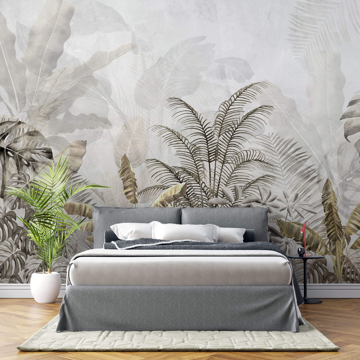 Tapet Personalizat Leaf cu peisaj tropical cu frunze in nuante aramii si gri - BRASSY TROPICAL LEAVES