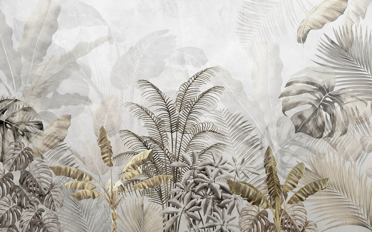 Tapet Personalizat Leaf cu peisaj tropical cu frunze in nuante aramii si gri - BRASSY TROPICAL LEAVES