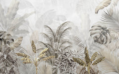 Tapet Personalizat Leaf cu peisaj tropical cu frunze in nuante aramii si gri - BRASSY TROPICAL LEAVES