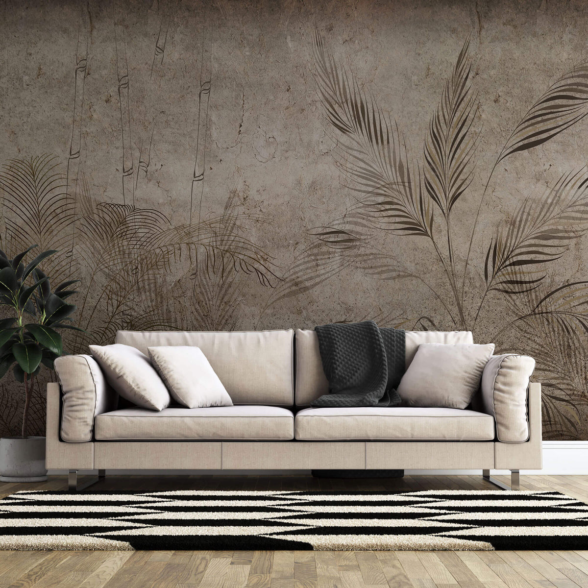 Tapet Personalizat Leaf cu bambus si palmieri pe un fundal texturat in stil vintage inchis - SEPIA DARK FOREST