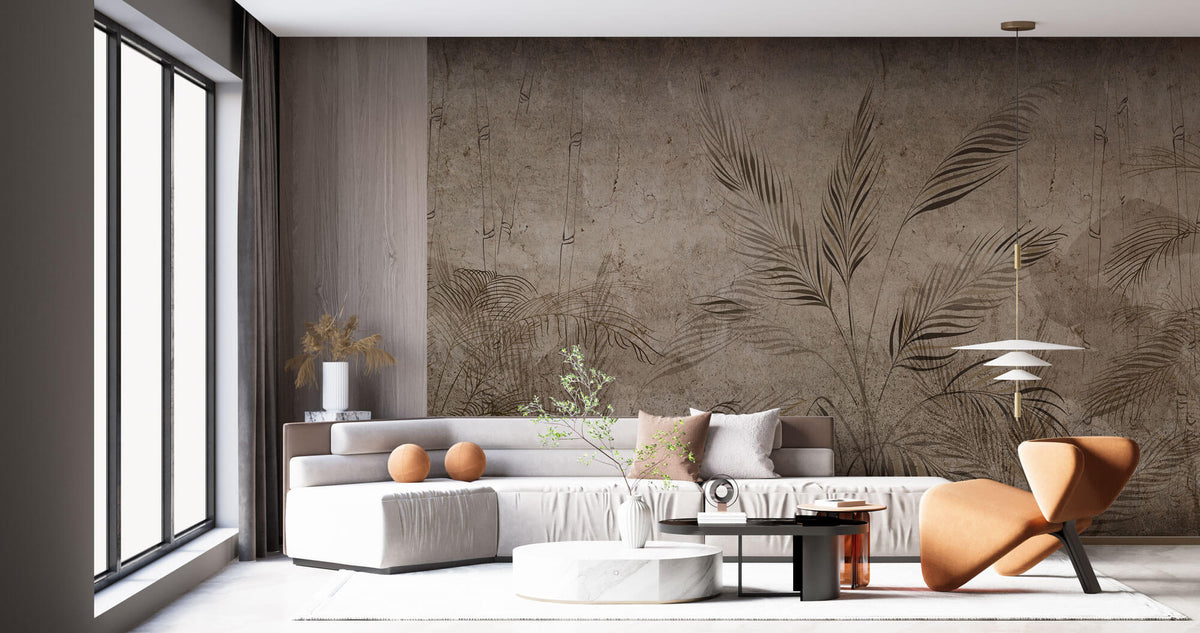 Tapet Personalizat Leaf cu bambus si palmieri pe un fundal texturat in stil vintage inchis - SEPIA DARK FOREST