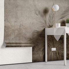 Tapet Personalizat Leaf cu bambus si palmieri pe un fundal texturat in stil vintage inchis - SEPIA DARK FOREST