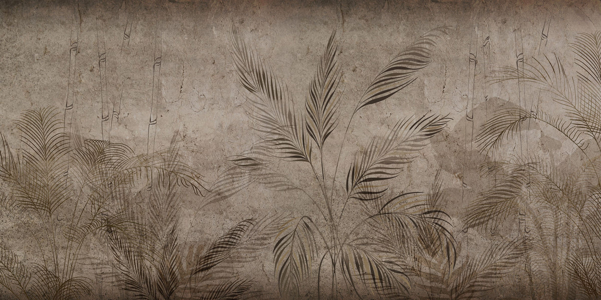 Tapet Personalizat Leaf cu bambus si palmieri pe un fundal texturat in stil vintage inchis - SEPIA DARK FOREST