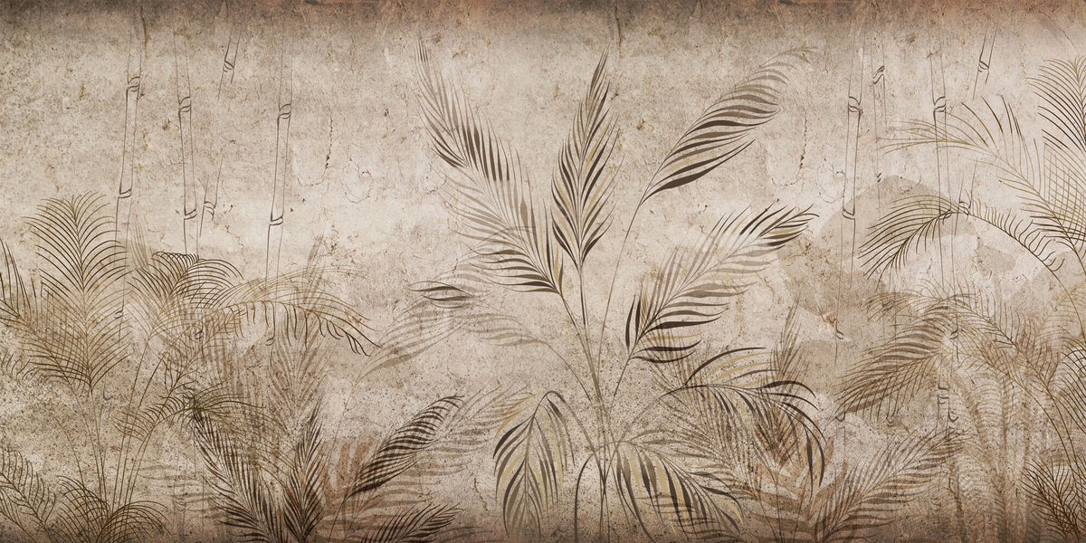 Tapet Personalizat Leaf cu bambus si palmieri pe un fundal texturat in stil vintage deschis - SEPIA LIGHT FOREST