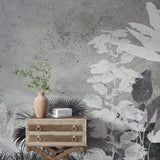 Tapet Personalizat Leaf cu frunze gri pe un fundal de ciment texturat - CONCRETE TROPICAL