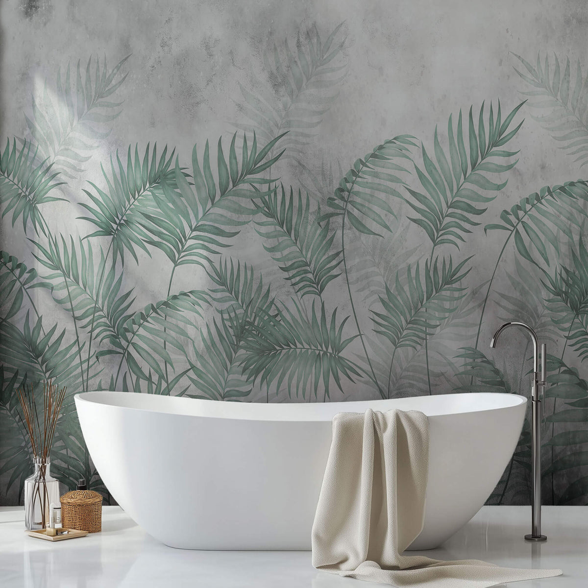 Tapet Personalizat Leaf cu ilustratie cu frunze verzi de palmier intr-un fundal gri - MINTY DARK LEAVES