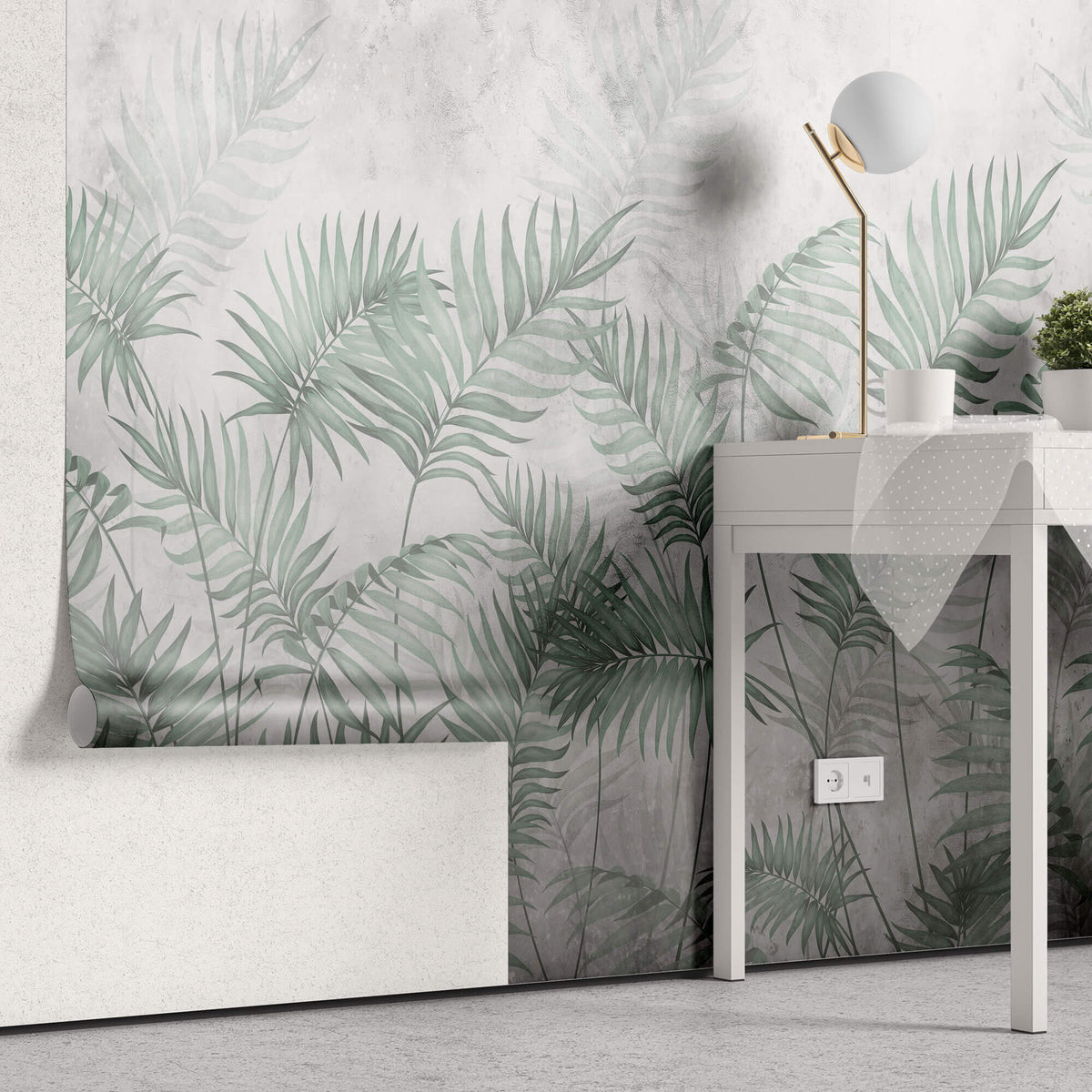 Tapet Personalizat Leaf cu ilustratie cu frunze verzi de palmier intr-un fundal gri - MINTY DARK LEAVES