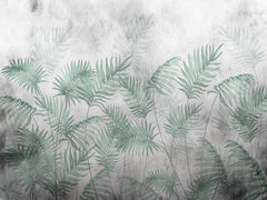 Tapet Personalizat Leaf cu ilustratie cu frunze verzi de palmier intr-un fundal gri - MINTY DARK LEAVES