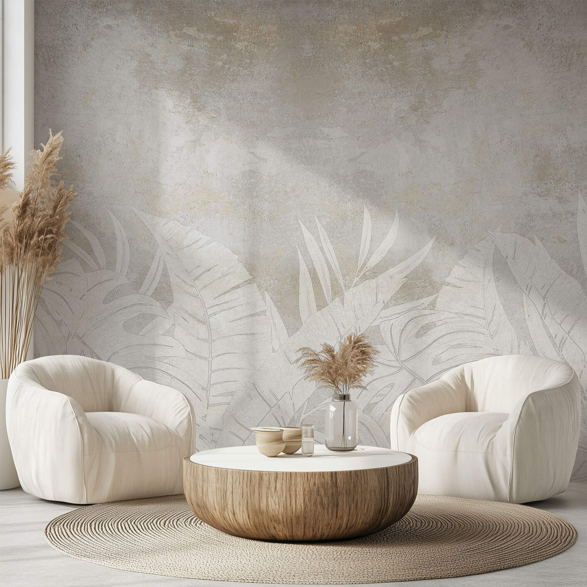 Tapet Personalizat Leaf cu frunze deschise pe un fundal stucco gri - FADED STUCCO LEAVES