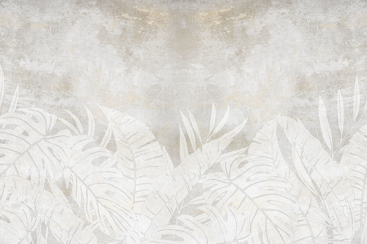 Tapet Personalizat Leaf cu frunze deschise pe un fundal stucco gri - FADED STUCCO LEAVES