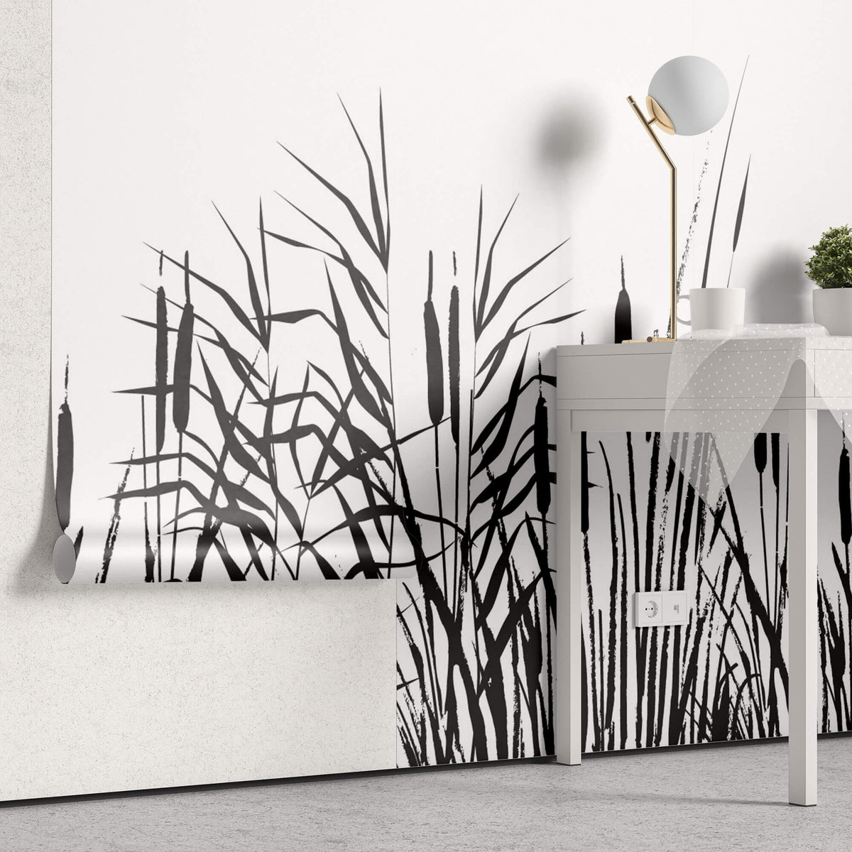Tapet Personalizat Leaf cu papura neagra pe un fundal alb - BLACK BULRUSH