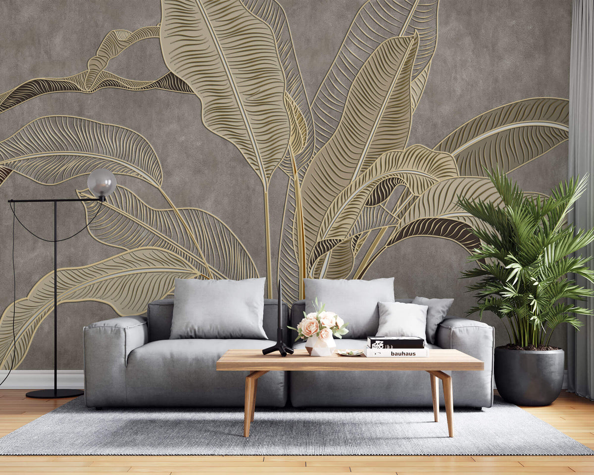 Tapet Personalizat Leaf cu frunze in stil plaster in relief in nuante aurii - NUDE GREY BANANA
