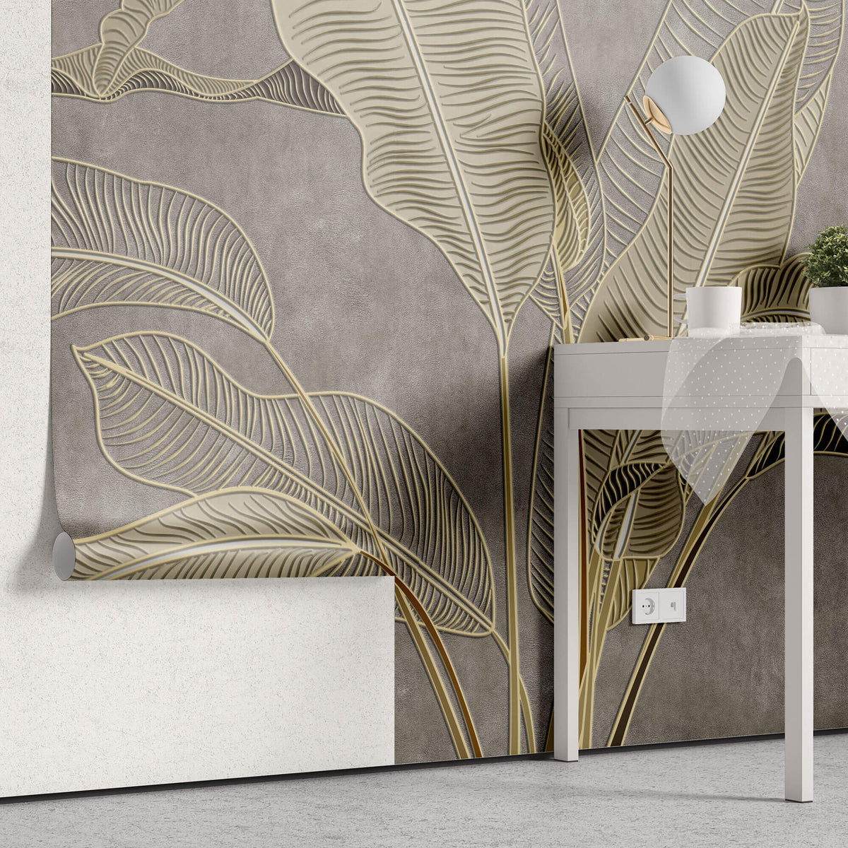 Tapet Personalizat Leaf cu frunze in stil plaster in relief in nuante aurii - NUDE GREY BANANA