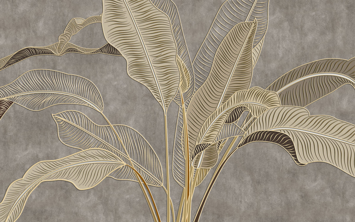 Tapet Personalizat Leaf cu frunze in stil plaster in relief in nuante aurii - NUDE GREY BANANA