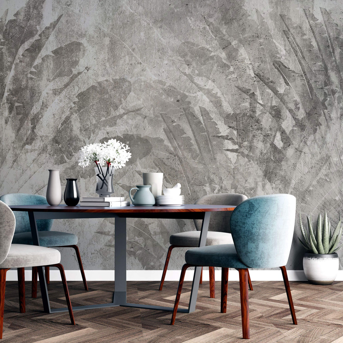 Tapet Personalizat Leaf cu frunze in fundal de perete ciment - CONCRETE ABSTRACT LEAF