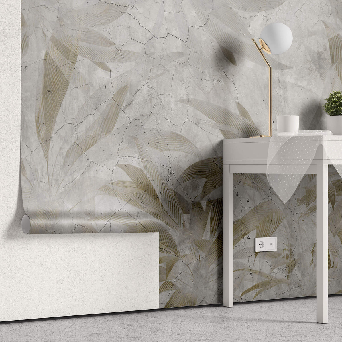 Tapet Personalizat Leaf cu frunze tropicale aramii pe fundal stucco crapat - LEAF CRACKS