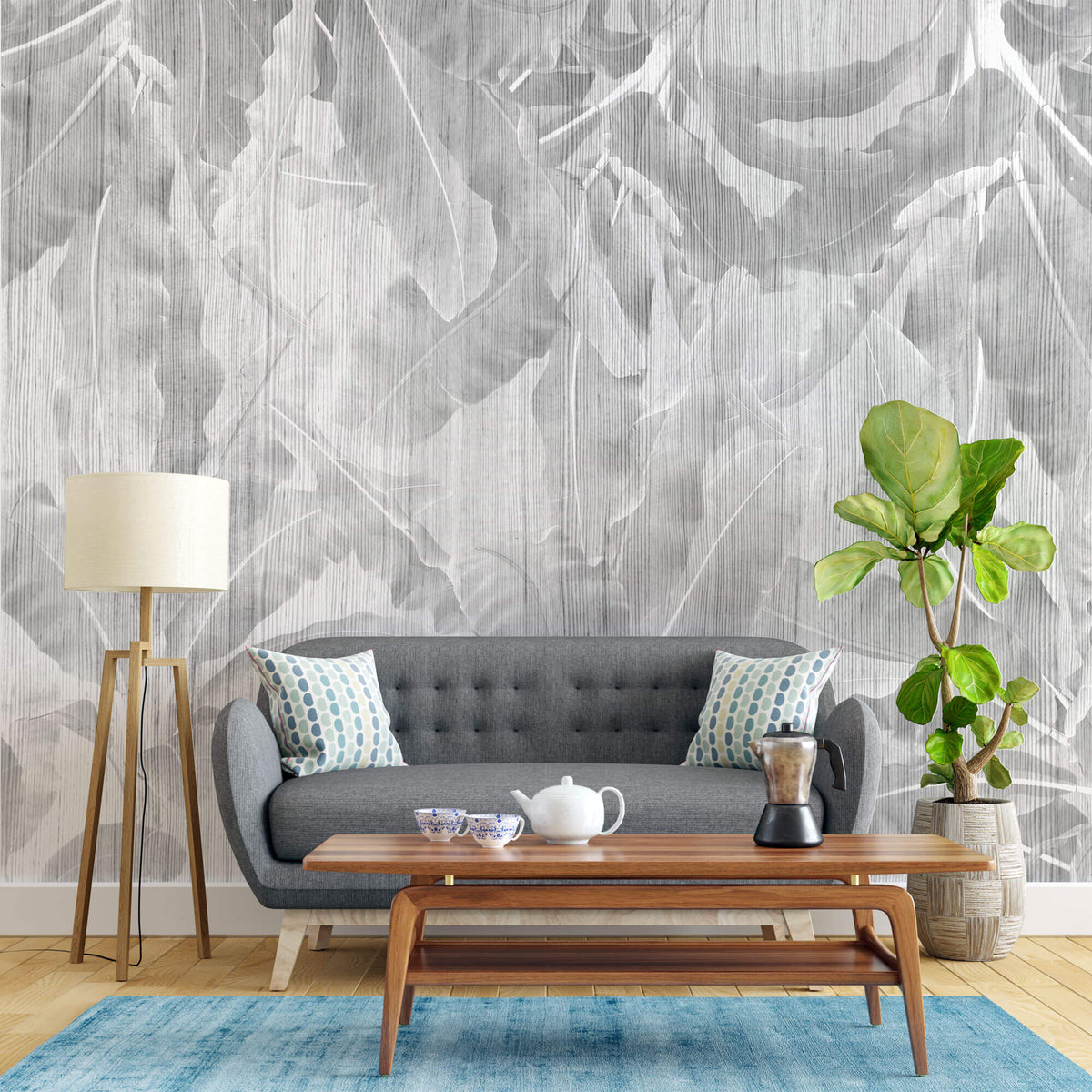 Tapet Personalizat Leaf cu frunze gri in dungi de plaster - STRIPED LEAVES