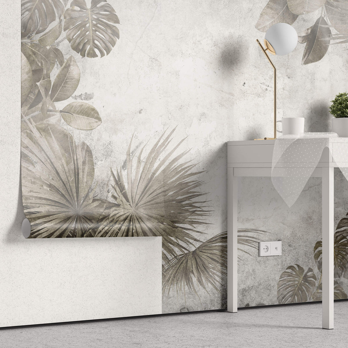 Tapet Personalizat Leaf cu frunze maronii estompate in fundalul gri de perete texturat - CEMENT PRINTED LEAVES