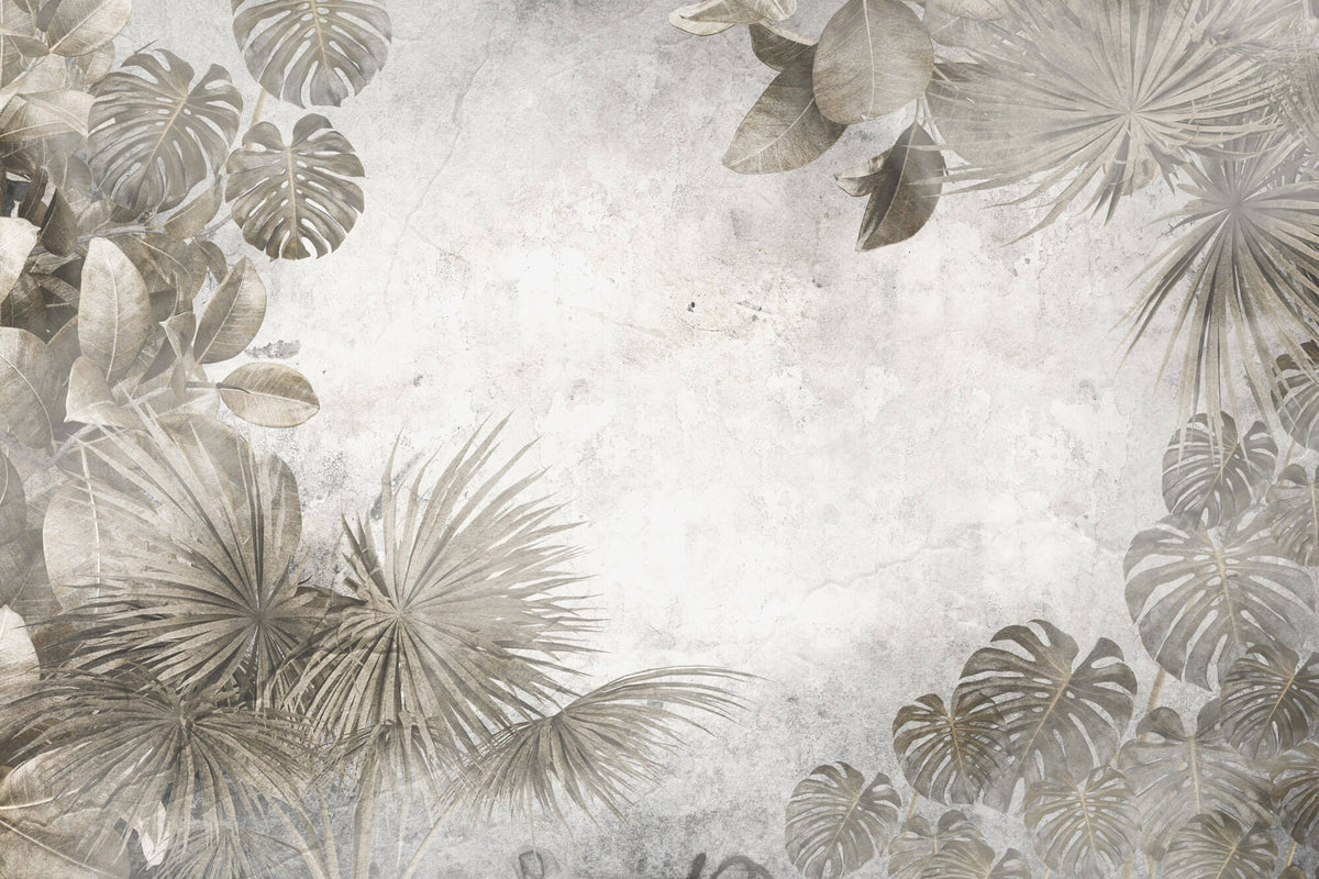 Tapet Personalizat Leaf cu frunze maronii estompate in fundalul gri de perete texturat - CEMENT PRINTED LEAVES