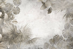 Tapet Personalizat Leaf cu frunze maronii estompate in fundalul gri de perete texturat - CEMENT PRINTED LEAVES