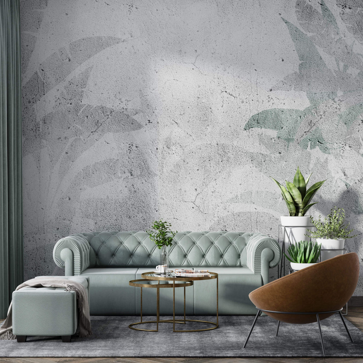 Tapet Personalizat Leaf cu frunze verzi estompate in fundal de vopsea decorativa texturat - GRUNGE SAGE