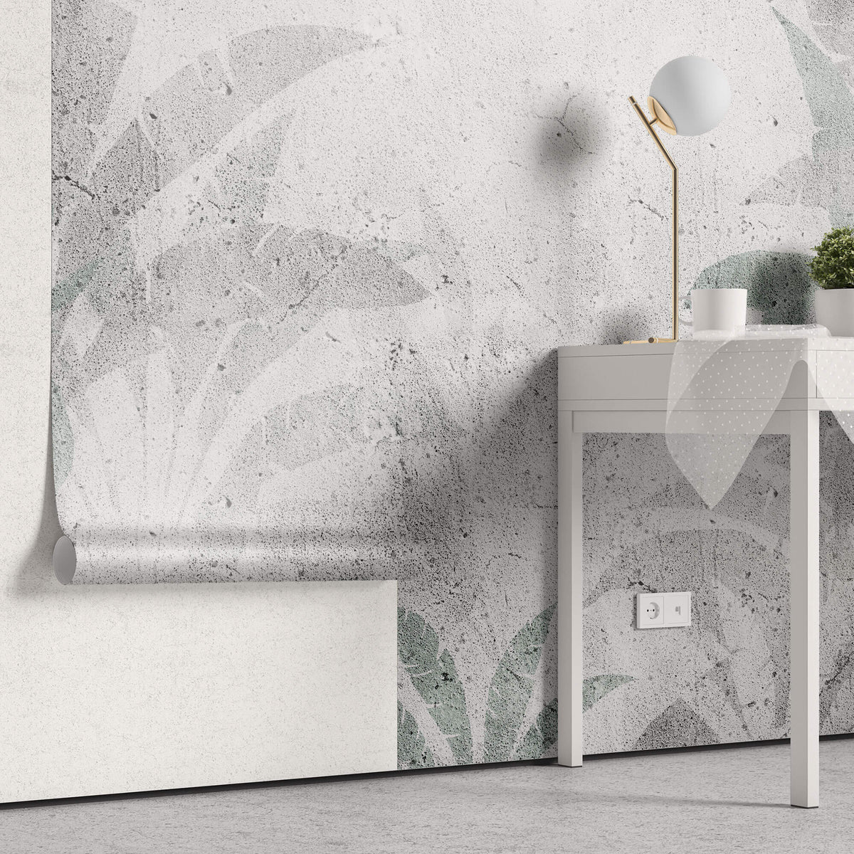 Tapet Personalizat Leaf cu frunze verzi estompate in fundal de vopsea decorativa texturat - GRUNGE SAGE