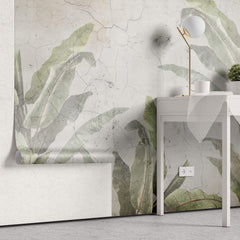 Tapet Personalizat Leaf cu bananieri in fundal stucco vintage - CRACKED WALL LEAVES