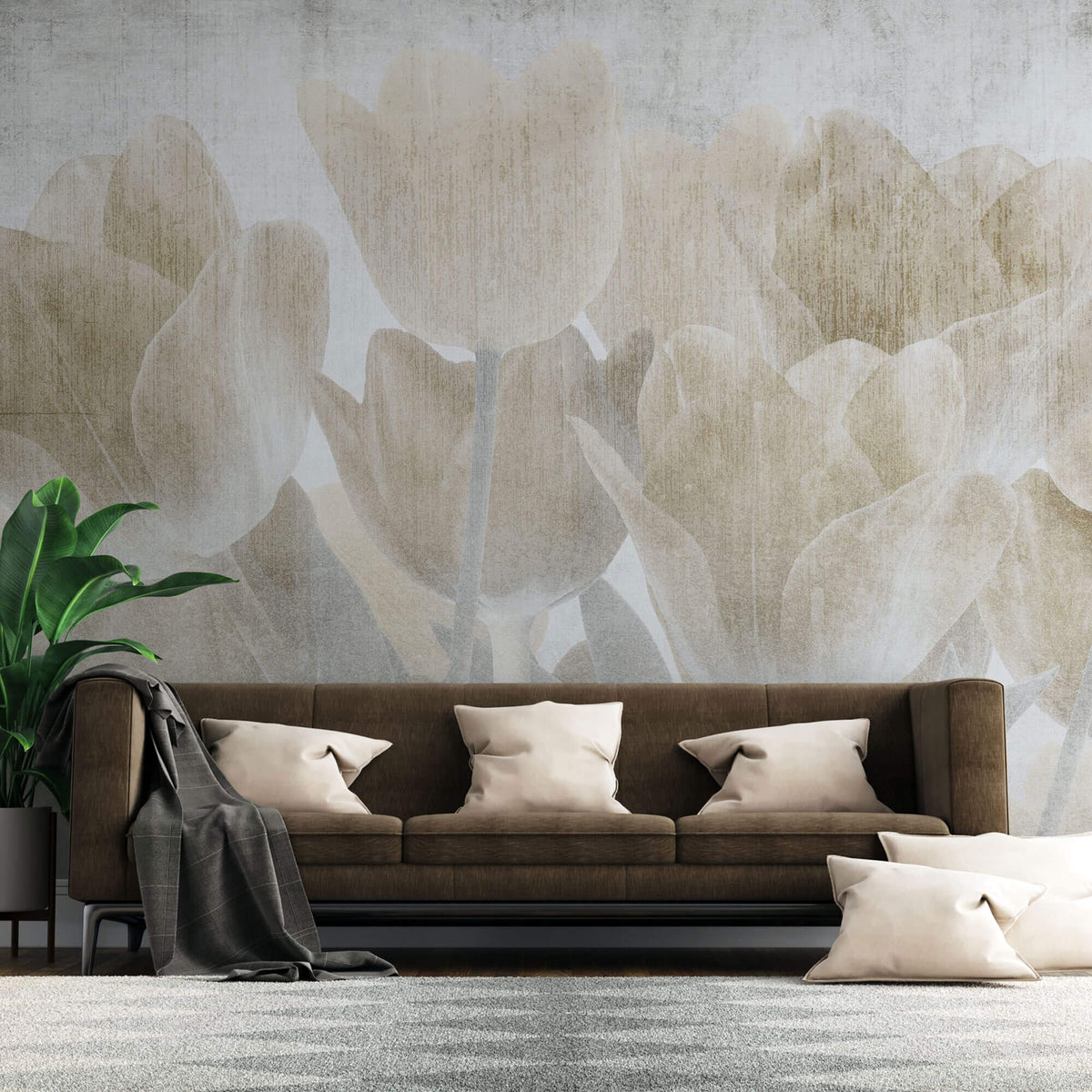Tapet Personalizat Leaf cu lalele maronii cu textura liniara - CONCRETE TULIPS