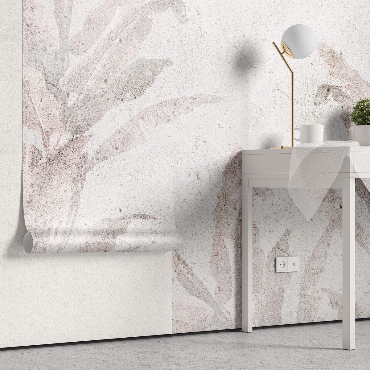 Tapet Personalizat Leaf cu frunze roz estompate in fundal de vopsea decorativa texturat - GRUNGE WALL LEAVES