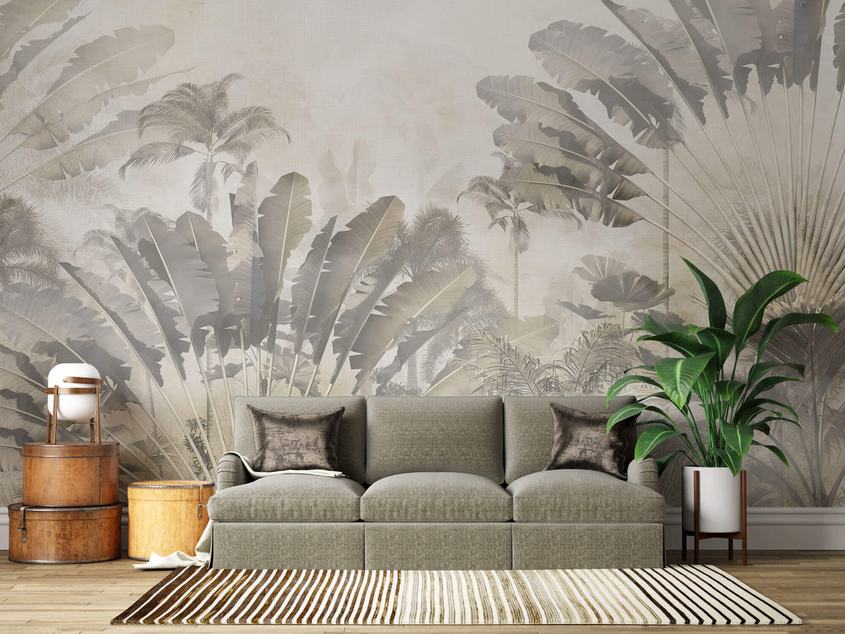 Tapet Personalizat Leaf cu copaci tropicali sepia si fundal texturat de linen - SAFARI DUST