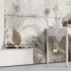 Tapet Personalizat Leaf cu frunze maronii pe un fundal de perete de ciment - CEMENT BLOCK LEAVES