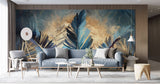 Tapet Personalizat Leaf cu frunze pictate albastre si insertii aurii - BLUE PAINTED LEAVES