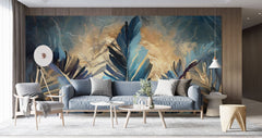 Tapet Personalizat Leaf cu frunze pictate albastre si insertii aurii - BLUE PAINTED LEAVES