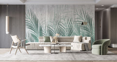 Tapet Personalizat Leaf cu frunze de palmier verde si fundal de ciment - CYAN LEAVES CONCRETE