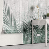 Tapet Personalizat Leaf cu frunze de palmier verde si fundal de ciment - CYAN LEAVES CONCRETE