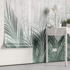 Tapet Personalizat Leaf cu frunze de palmier verde si fundal de ciment - CYAN LEAVES CONCRETE