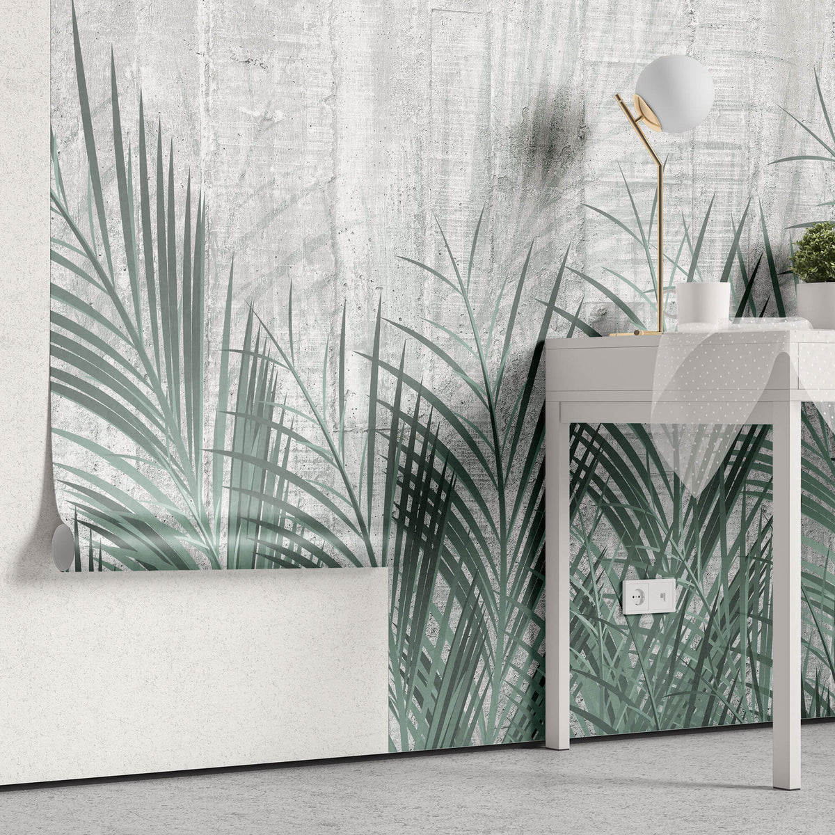 Tapet Personalizat Leaf cu frunze de palmier verde si fundal de ciment - CYAN LEAVES CONCRETE
