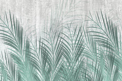 Tapet Personalizat Leaf cu frunze de palmier verde si fundal de ciment - CYAN LEAVES CONCRETE
