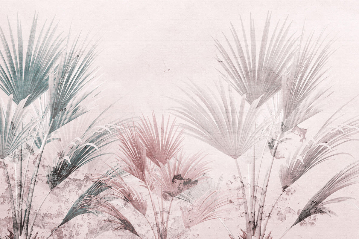 Tapet Personalizat Leaf cu frunze de palmier intr-un fundal roz texturat - DUSTY PINK CANVAS