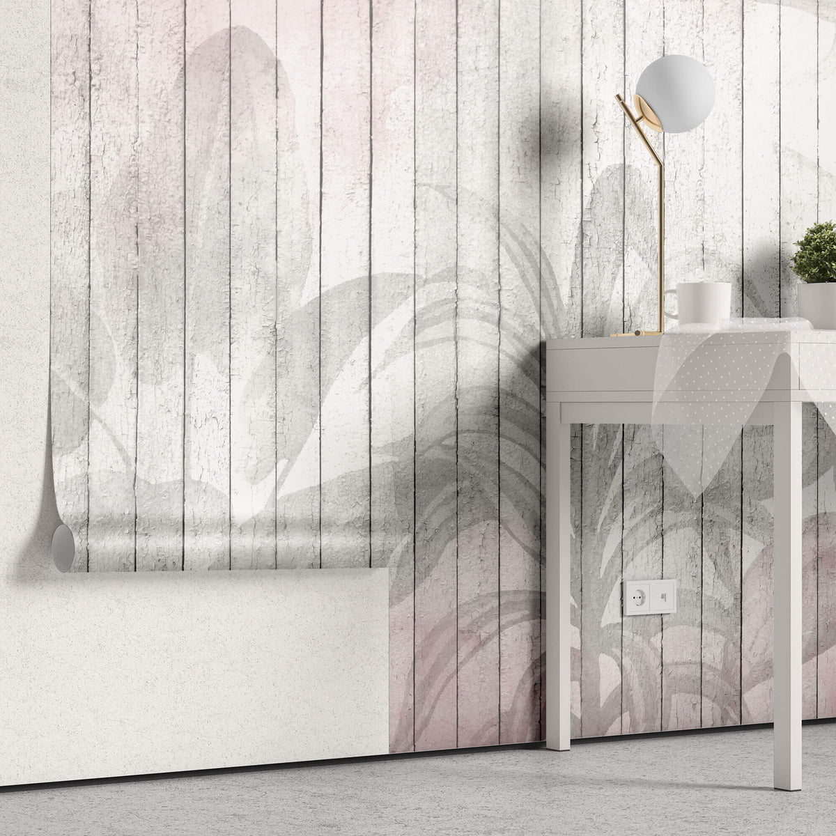 Tapet Personalizat Leaf cu frunze pe un fundal rozaliu de lemn alb vechi - WOODEN LEAVES PINK