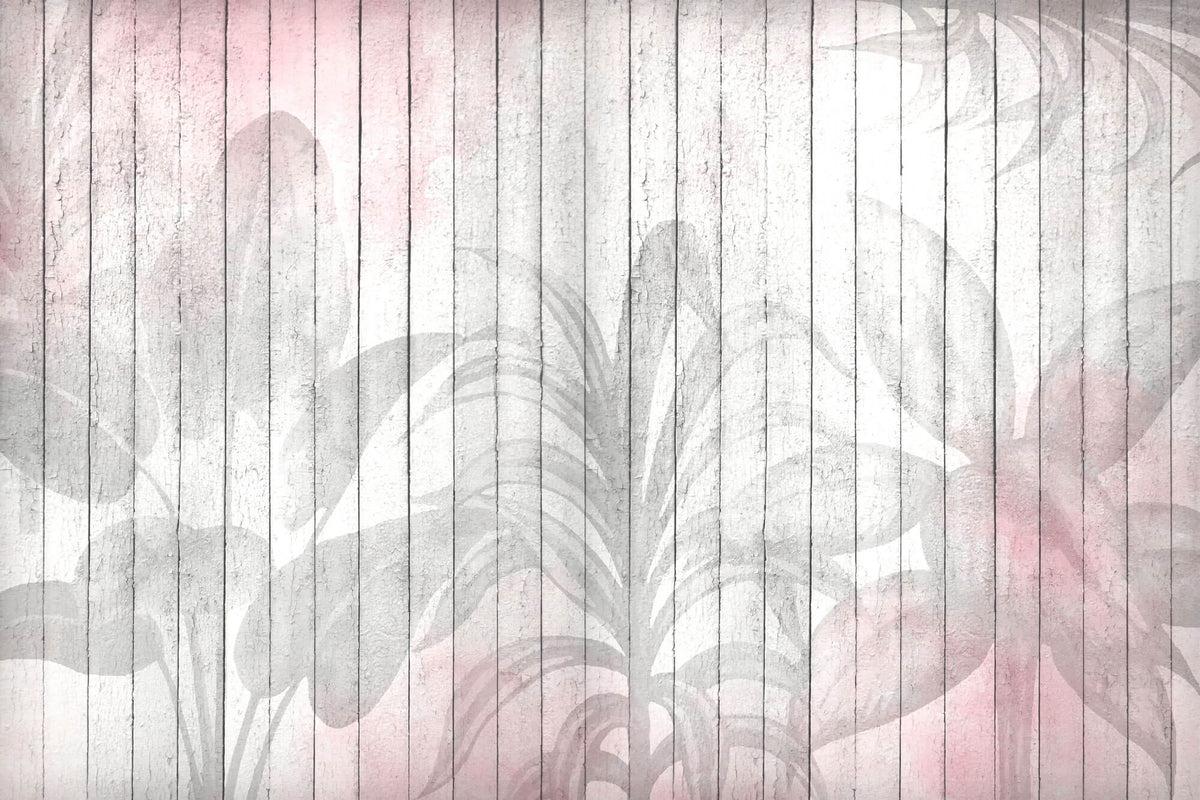 Tapet Personalizat Leaf cu frunze pe un fundal rozaliu de lemn alb vechi - WOODEN LEAVES PINK