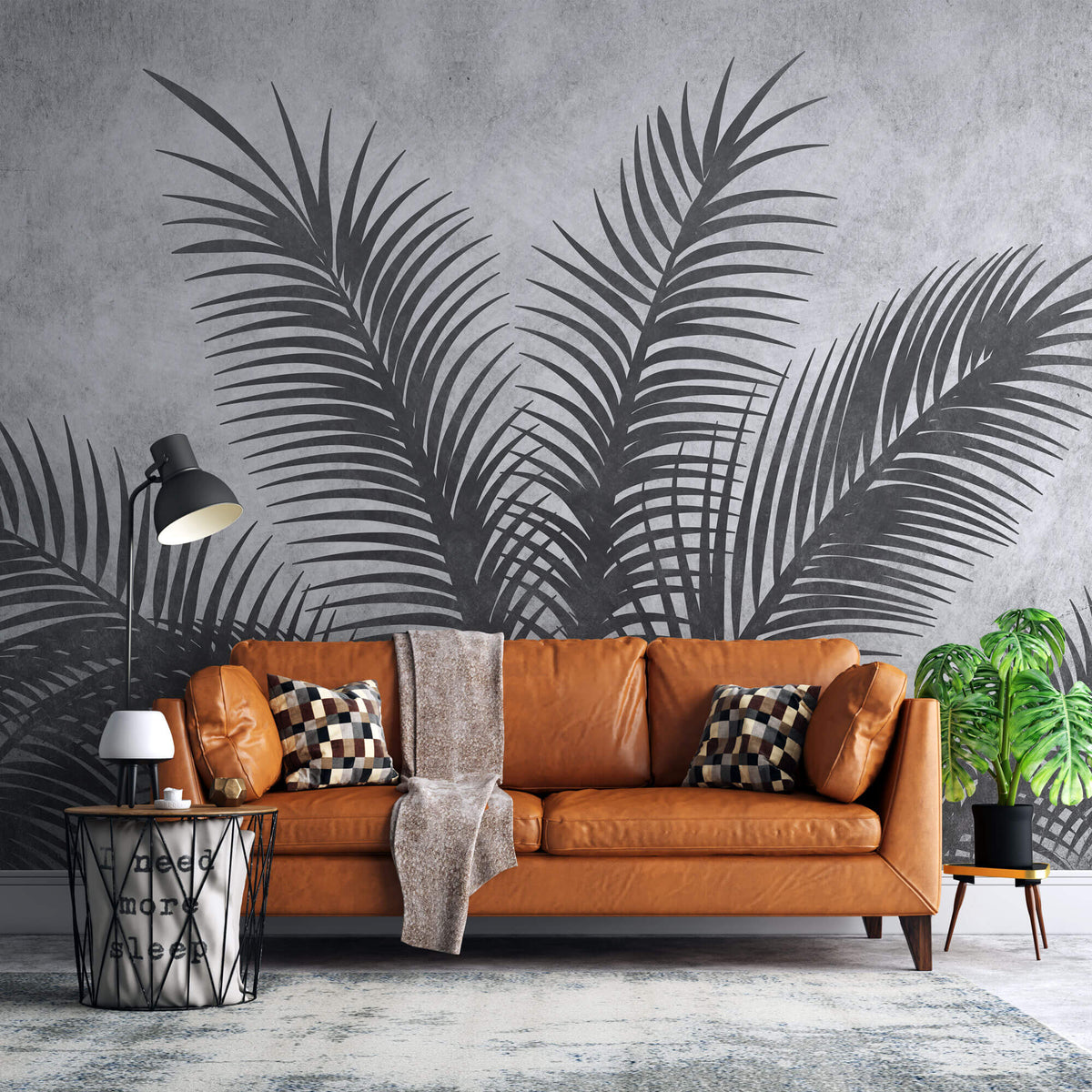 Tapet Personalizat Leaf cu palmieri alb negru texturati - THE GREY PALM