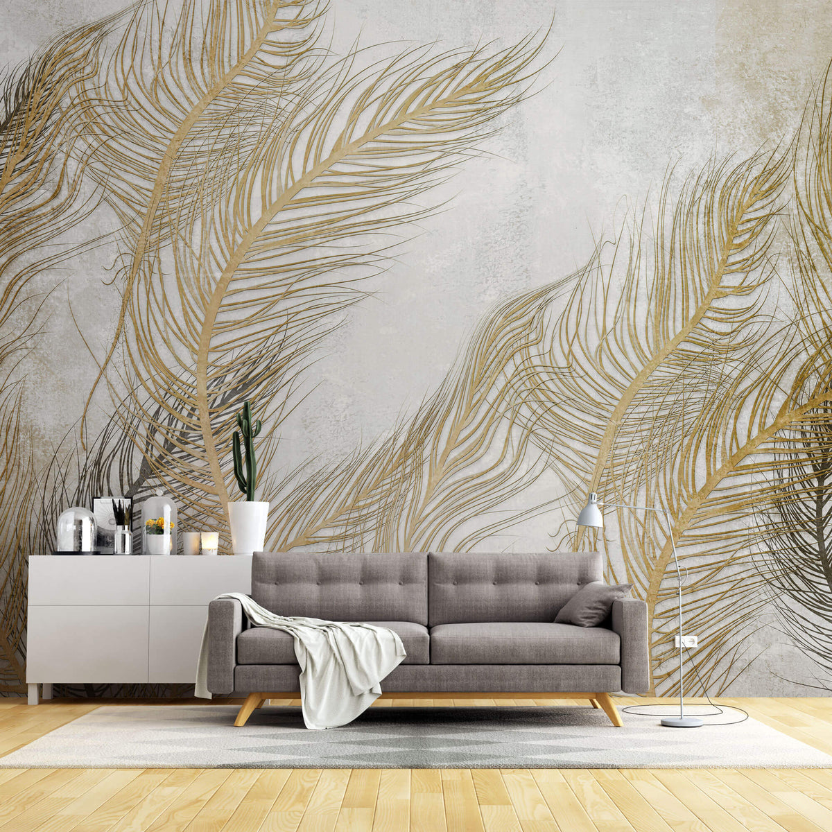 Tapet Personalizat Leaf cu frunze oundulate aurii pe fundal gri - WAVY LEAVES