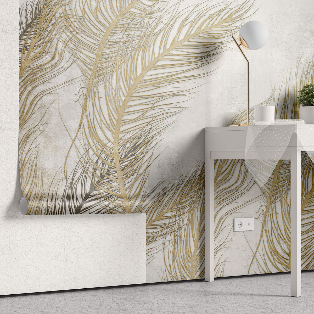 Tapet Personalizat Leaf cu frunze oundulate aurii pe fundal gri - WAVY LEAVES