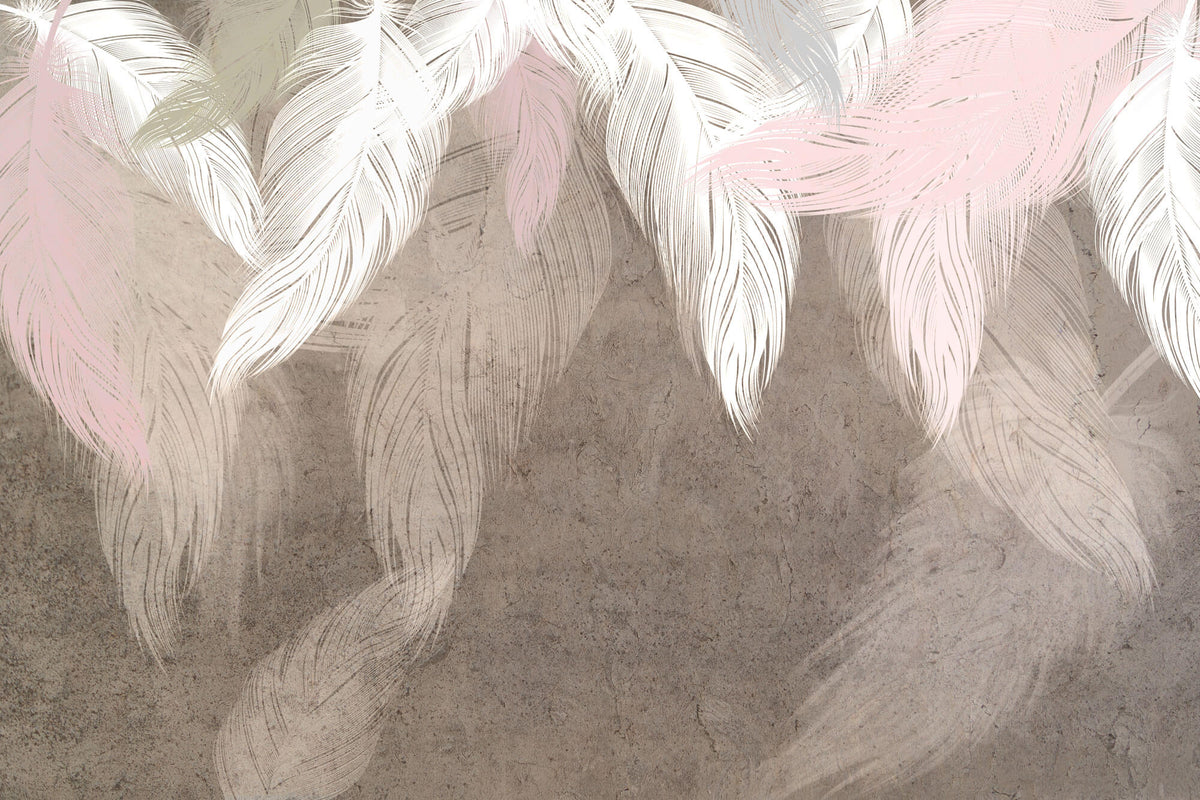 Tapet Personalizat Leaf cu pene albe si roz pe fundal maro texturat - DREAMY STUCCO LEAVES